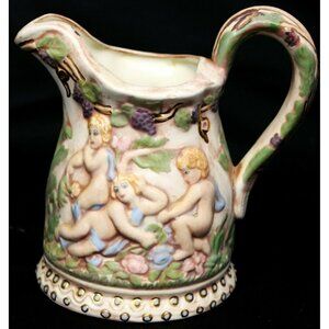 VTG 70 Hazel Cousins Pink Cream White Ceramic Pitcher Multicolor Cherub Vineyard
